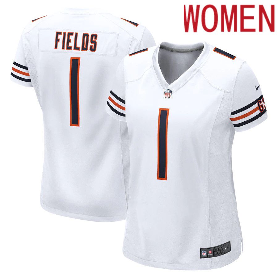 Women Chicago Bears #1 Justin Fields Nike White Game NFL Jersey->women nfl jersey->Women Jersey